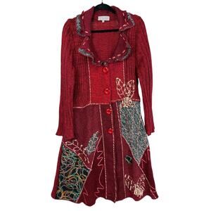Pretty Angel Red Multicolor Embroidered Patchwork Long Sweater Duster Jacket M